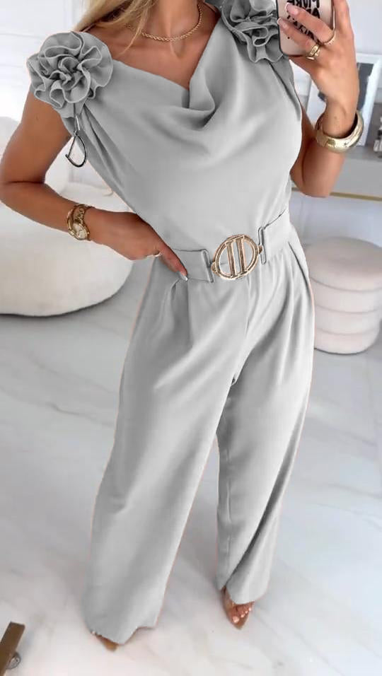 Letni damski kombinezon bez rękawów z trójwymiarowym kwiatowym wzorem i dekoltem w serek