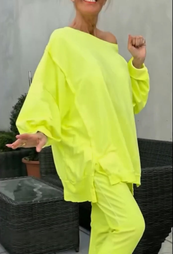 Letni damski okrągły dekolt rozcięcie jasny kolor casualowy garnitur