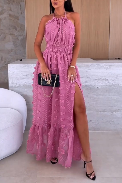 Letnia damska modna sukienka z odkrytymi plecami i dużym rozcięciem