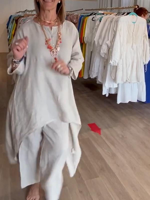 Garnitur damski lniany w kolorze monochromatycznym