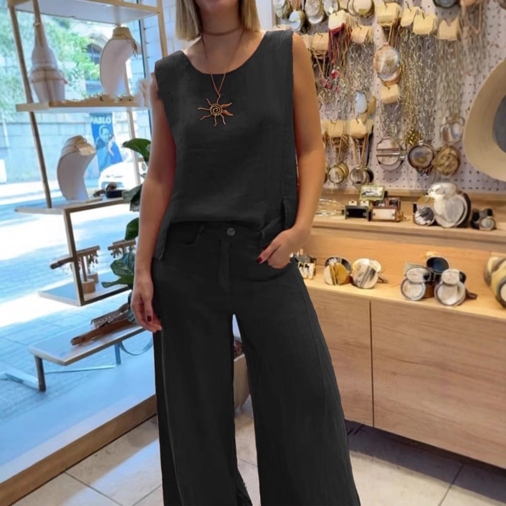 Komplet spodni bez rękawów z bawełny i lnu w jednolitym kolorze