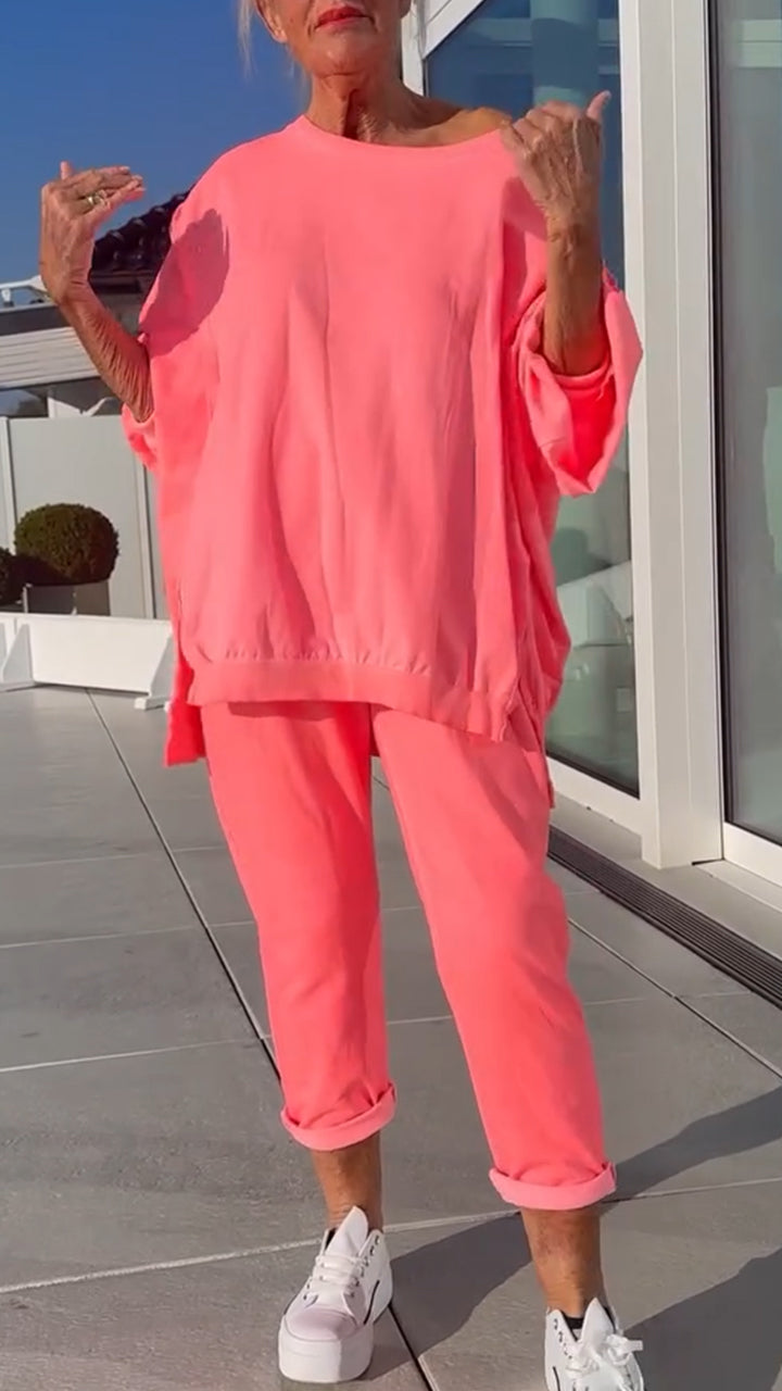 Letni damski okrągły dekolt rozcięcie jasny kolor casualowy garnitur