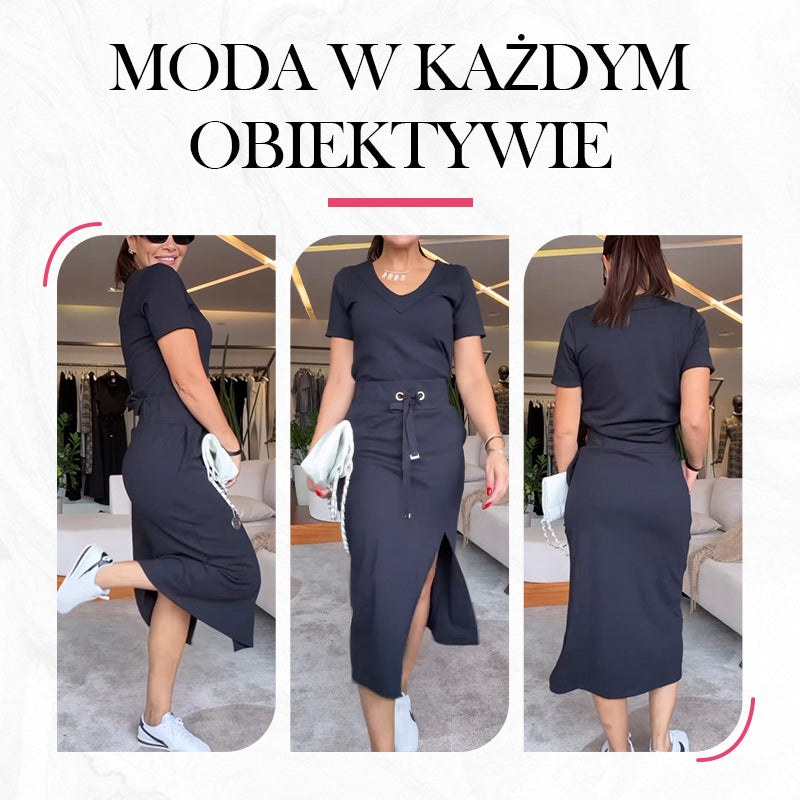 💥Komplet damski składający się z koszulki z dekoltem w serek i spódnicy midi👗
