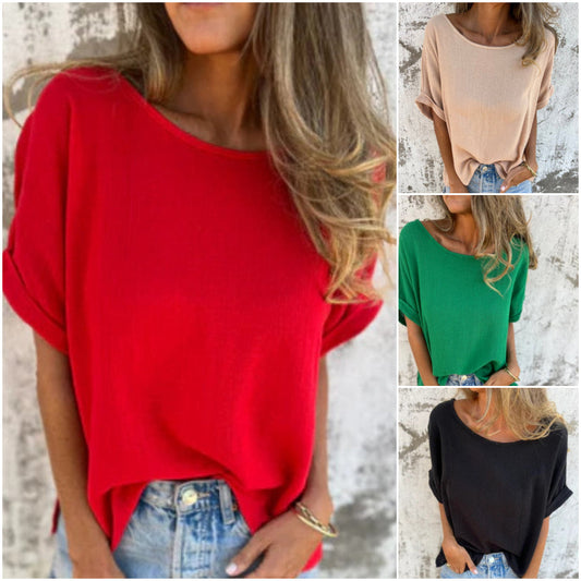 Jednolity kolor, okrągły dekolt, krótki rękaw