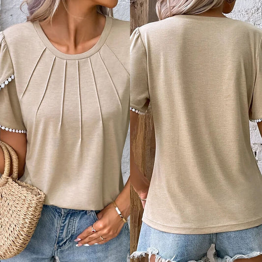 🔥Nowa damska, swobodna, jednokolorowa, koronkowa koszulka z okrągłym dekoltem