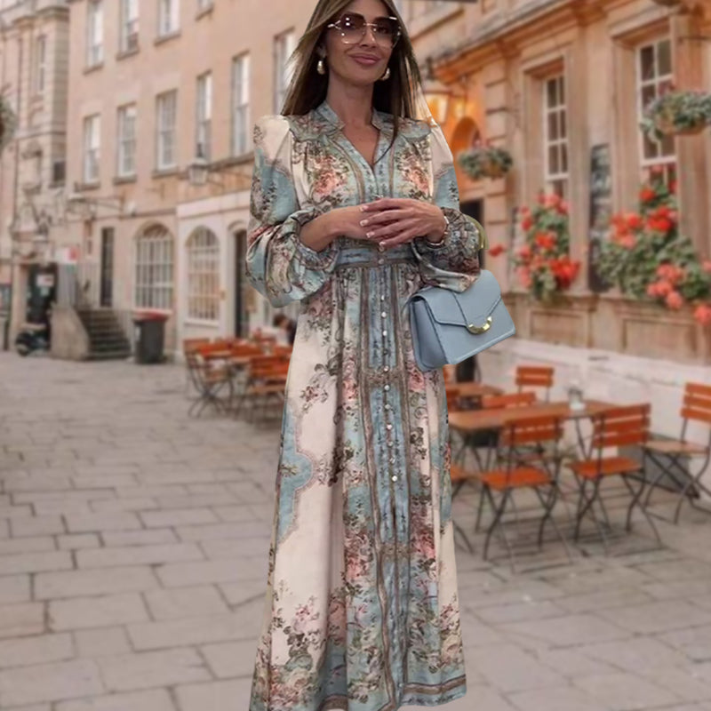 Elegancka sukienka z dekoltem w serek, wysokim stanem, kwiatowym nadrukiem i guzikami