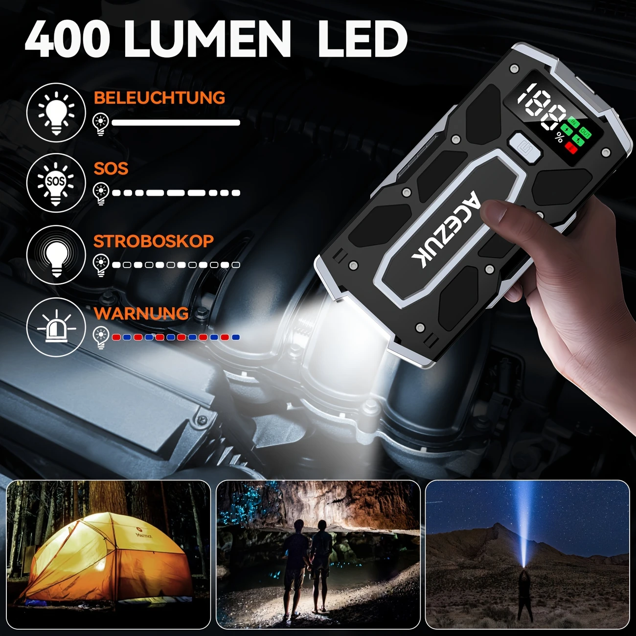 Rozrusznik samochodowy 7000A szczytowy 12V (10,0 l benzyny/8,0 l oleju napędowego), akumulator rozruchowy ze światłem LED, inteligentny rozrusznik z 8 zabezpieczeniami, w zestawie z torbą transportową