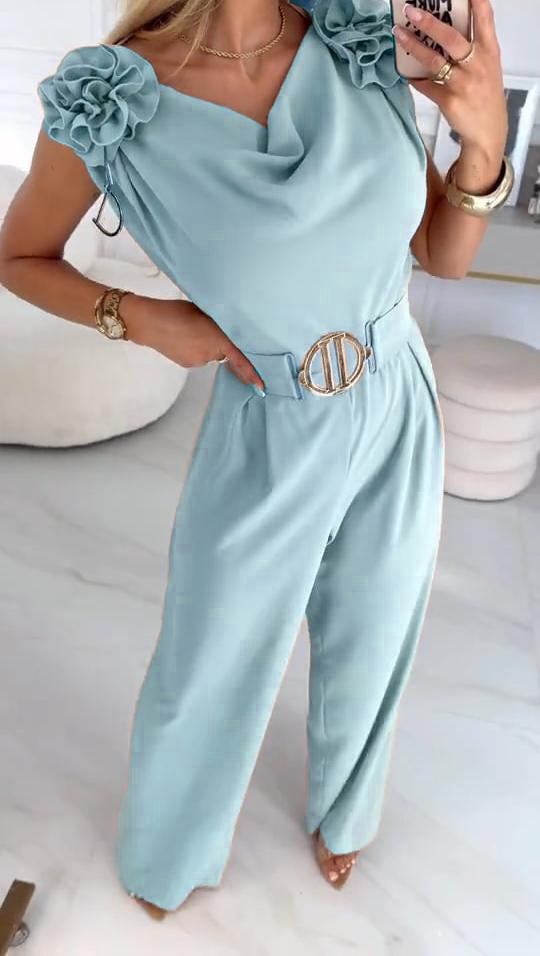 Letni damski kombinezon bez rękawów z trójwymiarowym kwiatowym wzorem i dekoltem w serek