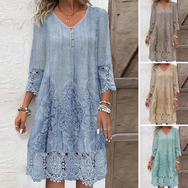 Elegancka damska sukienka koronkowa z półrękawkami i spiczastym dekoltem