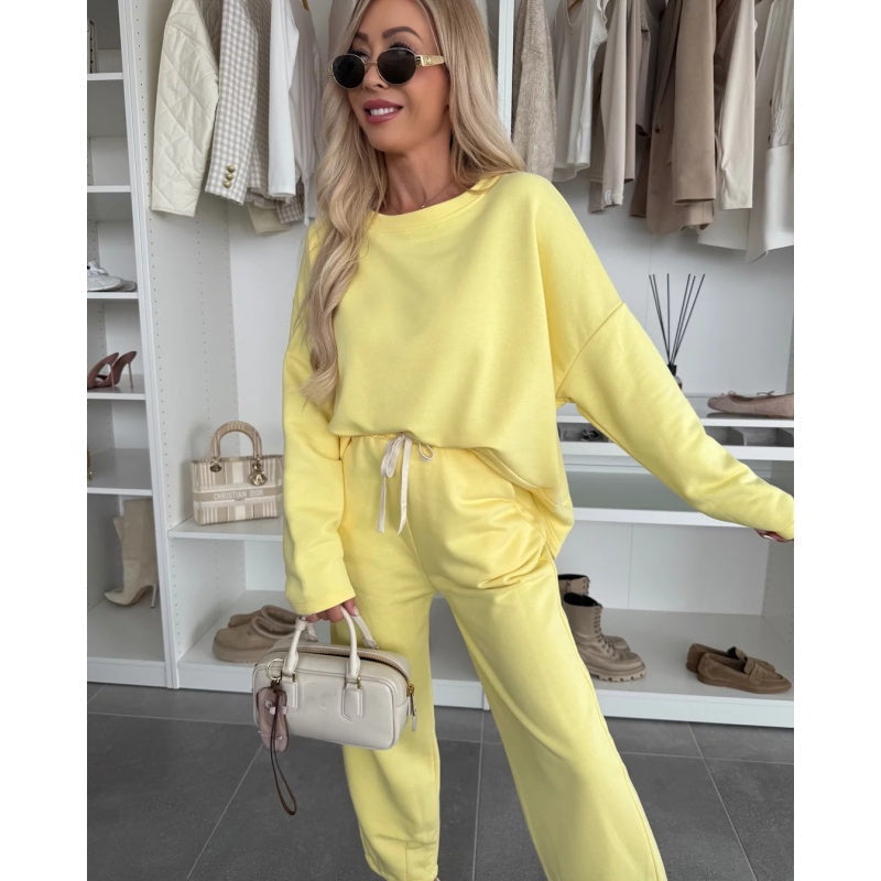 🌸Jednokolorowy top z okrągłym dekoltem i luźne spodnie w 2-częściowym zestawie