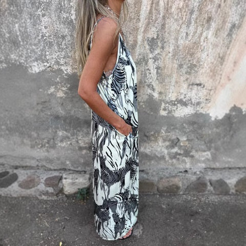 💙Damska sukienka z odkrytymi plecami i nadrukiem na ramiączkach spaghetti