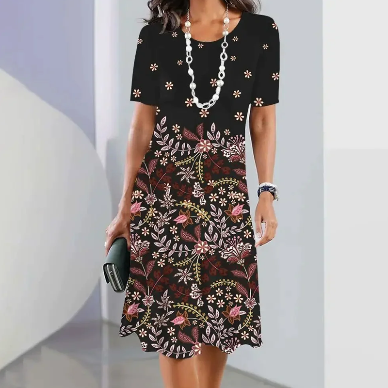 🌸Damska elegancka sukienka z okrągłym dekoltem w kwiatowy print
