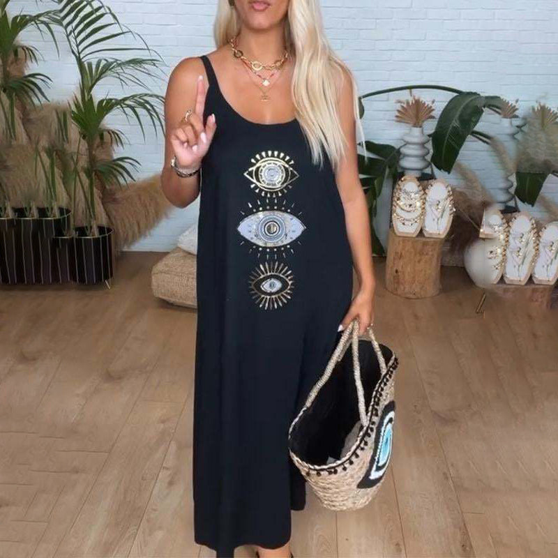 🔥Damska długa sukienka bez rękawów z wzorem w oczy👗