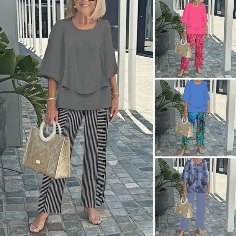 🌸Damski casualowy zestaw spodni z okrągłym dekoltem i półrękawkiem z nadrukiem