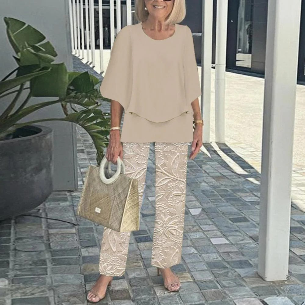 🌸Damski casualowy zestaw spodni z okrągłym dekoltem i półrękawkiem z nadrukiem