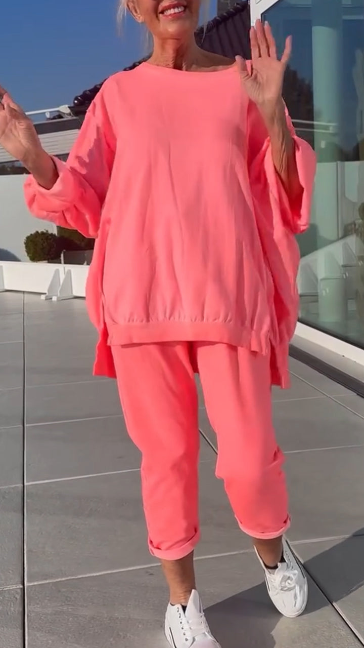 Letni damski okrągły dekolt rozcięcie jasny kolor casualowy garnitur