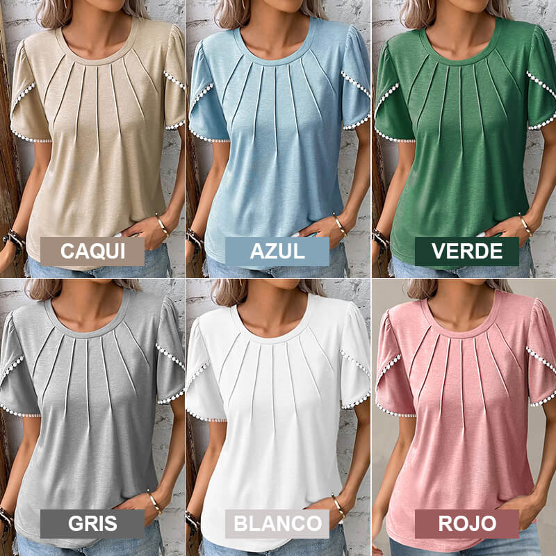 🔥Nowa damska, swobodna, jednokolorowa, koronkowa koszulka z okrągłym dekoltem