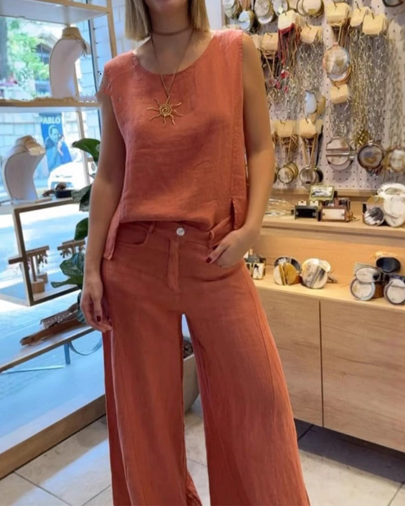 Komplet spodni bez rękawów z bawełny i lnu w jednolitym kolorze