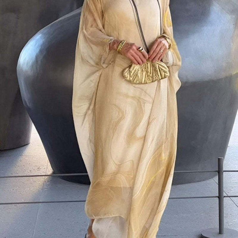 🔥gorąca sprzedaż🔥Elegancka szyfonowa sukienka z marmurkowym nadrukiem