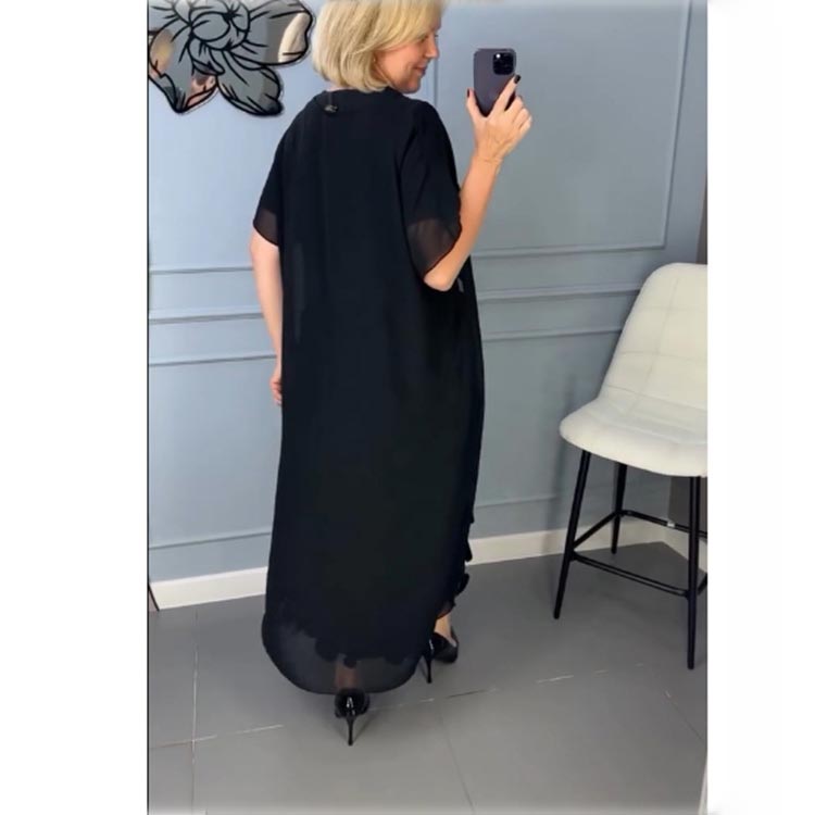 Elegancka damska sukienka z dekoltem w serek w kolorze czarnym z nieregularnym żakietem, dwuczęściowy komplet