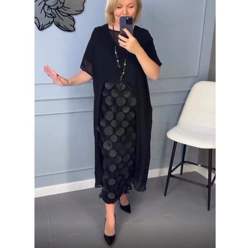 Elegancka damska sukienka z dekoltem w serek w kolorze czarnym z nieregularnym żakietem, dwuczęściowy komplet