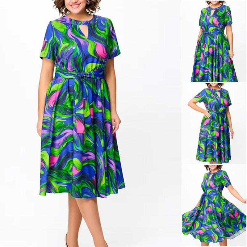 🌈Damska sukienka midi z nadrukiem i krótkimi rękawami