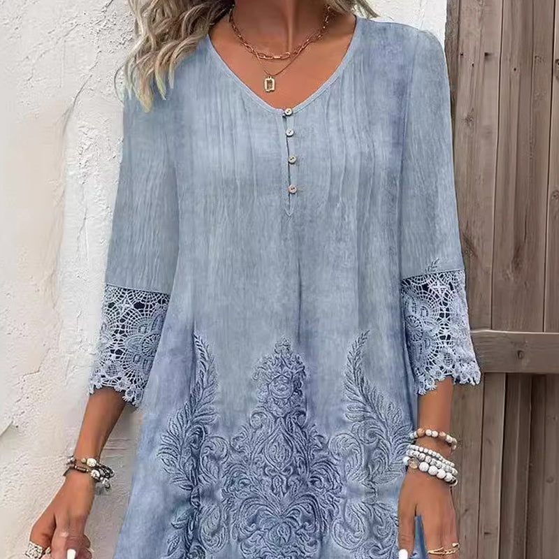 Elegancka damska sukienka koronkowa z półrękawkami i spiczastym dekoltem