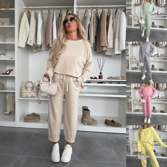 🌸Jednokolorowy top z okrągłym dekoltem i luźne spodnie w 2-częściowym zestawie