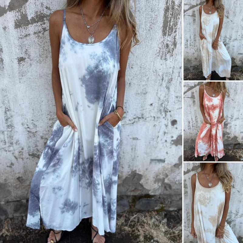 Sukienka damska tie-dye z nadrukiem i gradientem kolorów na ramiączkach typu spaghetti
