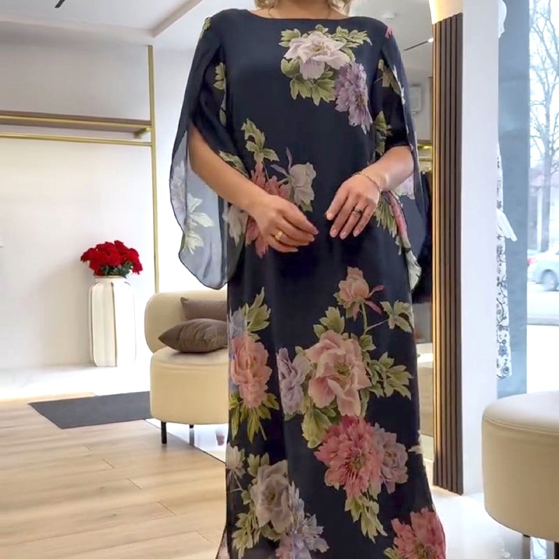 Elegancka długa sukienka damska z nadrukiem na szyi